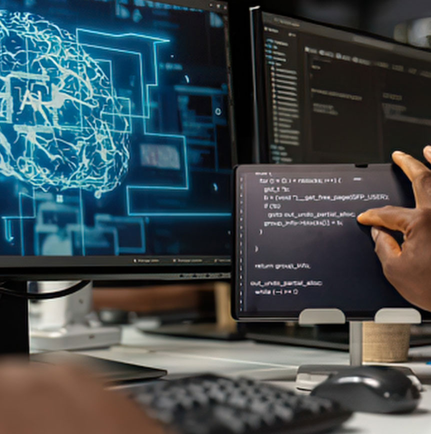 Computer workstation displaying code on multiple screens alongside a digital AI brain graphic, illustrating human collaboration with artificial intelligence.