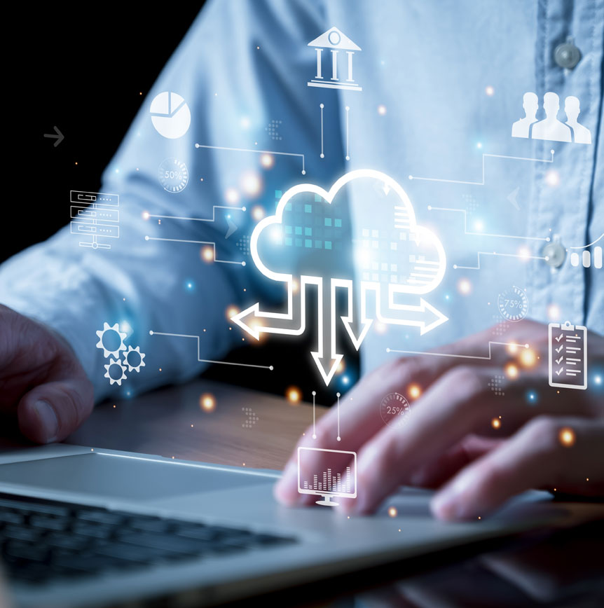 Person working on a laptop with a cloud computing graphic surrounded by connected icons representing data management, analytics, collaboration, and digital transformation.
