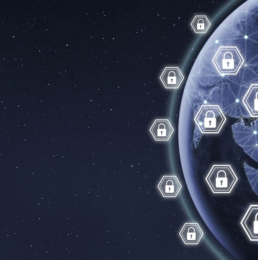 Earth overlaid with a connected digital network and multiple lock icons, representing Identity and Access Management, Zero Trust security, and global cybersecurity protections.