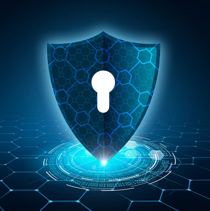 Blue digital shield with a keyhole icon above a glowing cybersecurity interface, representing data protection, security, and cyber defense.