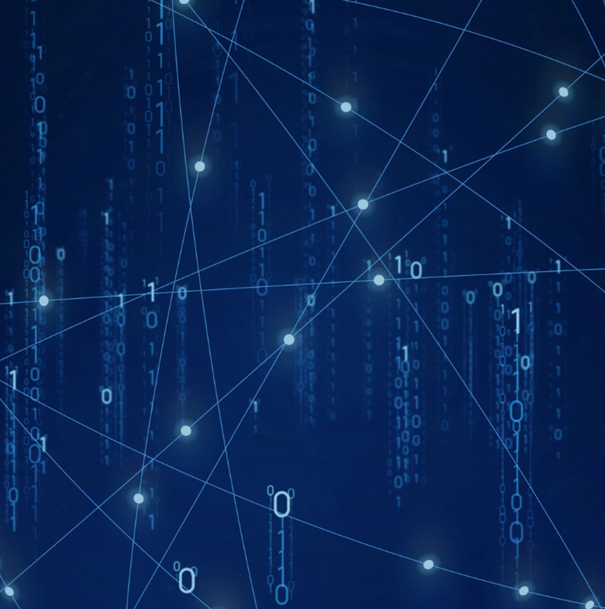 Abstract blue technology background with binary code, glowing network nodes, and interconnected lines representing advanced computing and digital data processing.