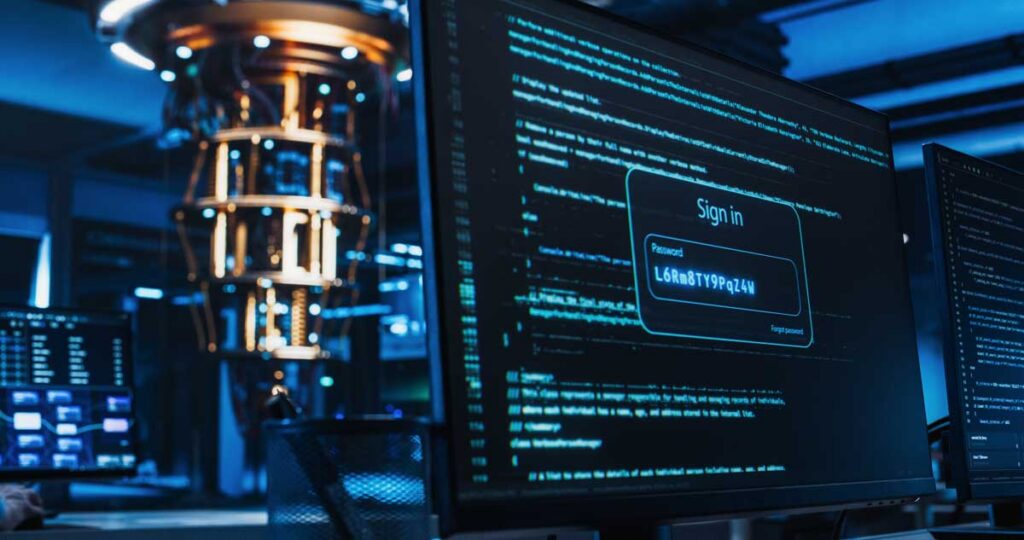 Quantum computing hardware beside monitors displaying code and a secure login interface in a research and development environment.