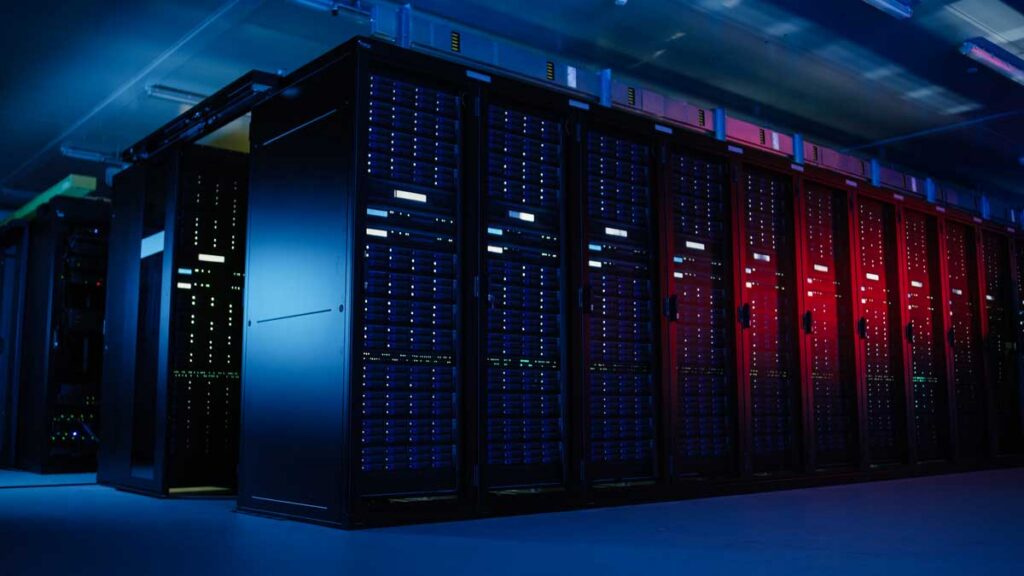 High-performance computing (HPC) server racks in a data center supporting large-scale data processing and complex computational workloads.
