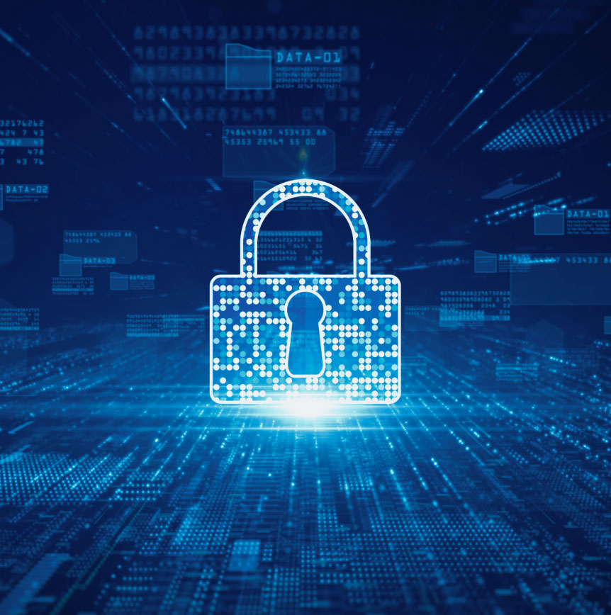 Digital padlock icon formed by glowing dots over a blue network background with data panels and cybersecurity graphics.