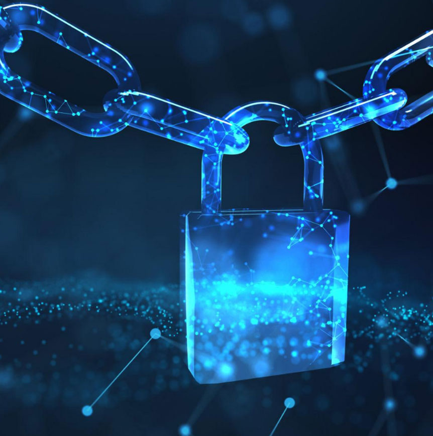 Glowing blue padlock connected to a digital chain with network nodes and data connections, representing supply chain security, trust, and cyber resilience.