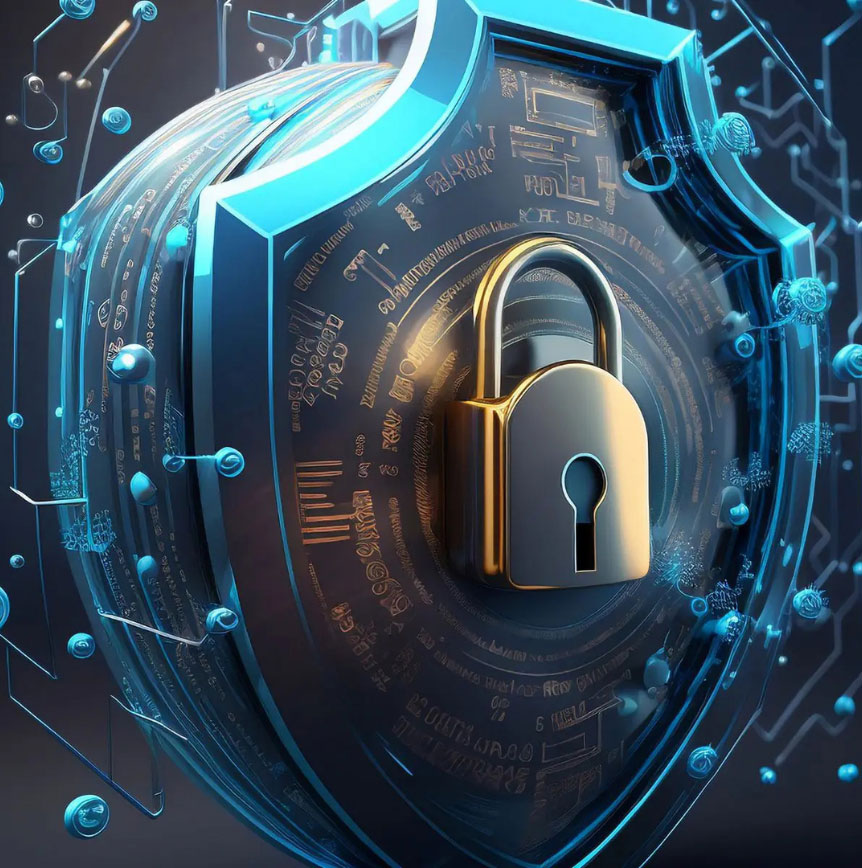 Digital cybersecurity shield with a gold padlock at the center, surrounded by glowing blue circuitry, data streams, and network connections.