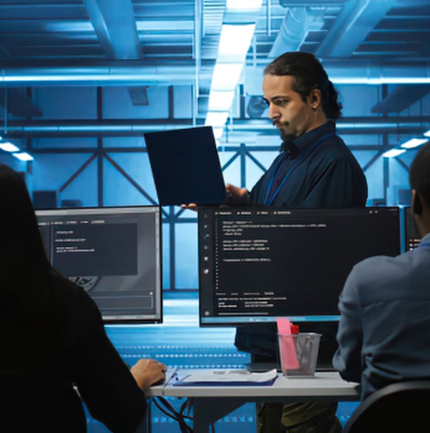 Person reviewing a laptop in a cybersecurity operations environment with monitoring screens and team members at workstations.