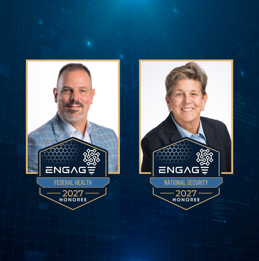 Portraits of Ken Hofgesang and Tish Mossman displayed with Engage 2027 Honoree badges for Federal Health and National Security.