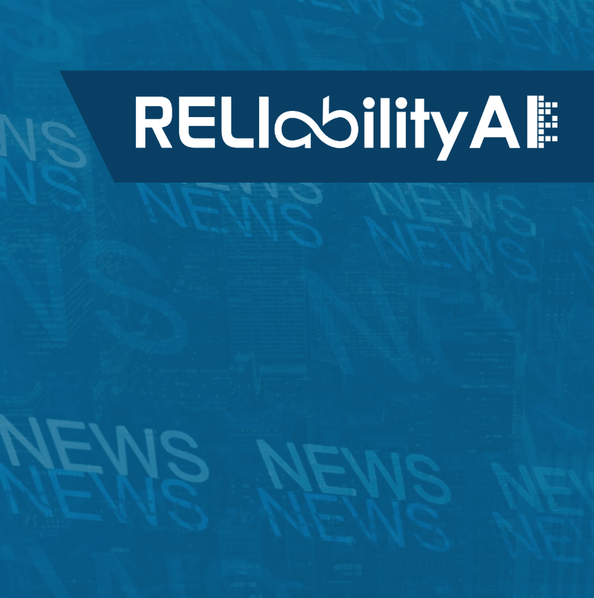 RELIability AI logo displayed on a blue news-themed background featuring repeated NEWS text and a cityscape overlay, used to support the announcement of RELI Group's new AI platform.