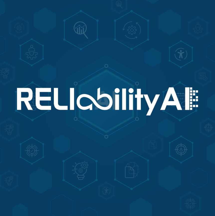 RELIability AI logo displayed on a dark blue background with hexagonal technology icons representing analytics, workflow automation, knowledge management, document processing, operational improvement, and AI-driven decision support.