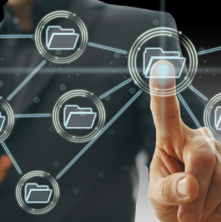 Digital file icons connected in a knowledge network as a person selects information on a virtual interface.